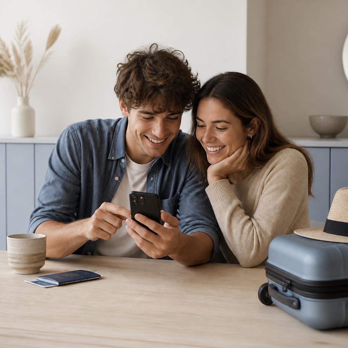 Casal planejando uma viagem pelo celular com passaporte e mala sobre a mesa